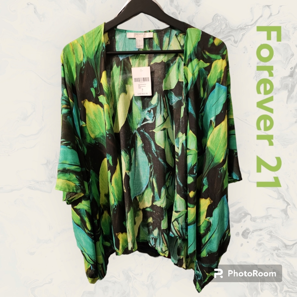 🆕️Forever 21 Open Front Summer Cardigan Leaf Print Resort NWT Size L